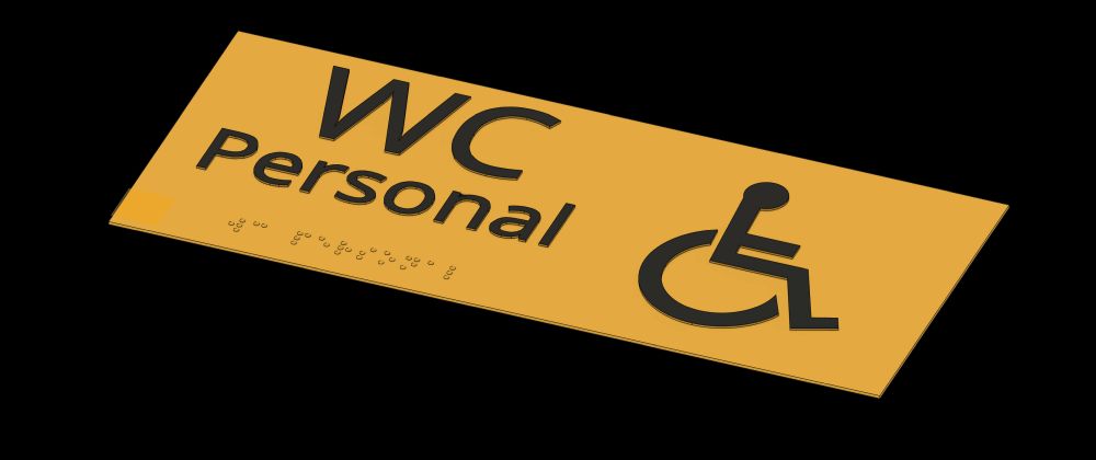 Sign WC Personal with Wheelchair gelbes Schild mit Aufschrift in schwarz und Braille: WC Personal und Icon Person im Rollstuhl