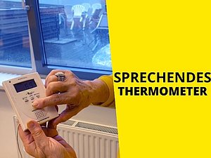 Frauenhände halten ein weißes Gerät. Text: "sprechendes Thermometer"