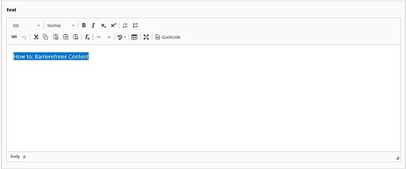 Screenshot CMS Programm Textfeld: How to Barrierefreier Content