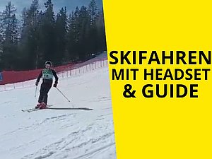 Mann beim Skifahren. Text: "Skifahren mit Headset & Guide"