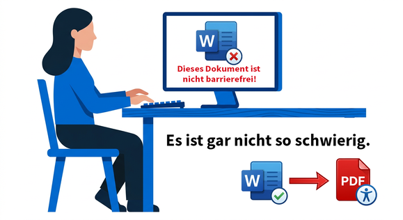 Eine Person sitzt vor einem Bildschirm welcher eine Nicht-Barrierefreie Word-Datei anzeigt. Darunter: "Es ist gar nicht so schwierig", Word-Icon mit grünem Chechkmark, roter Pfeil nach rechts zu PDF-Symbol mit Accessiblility-Zeichen