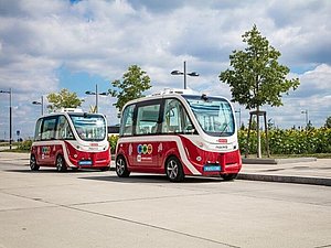 Zwei Rot-weiße E-Busse stehen im Freien, im Hintergrund der Himmel und Bäume