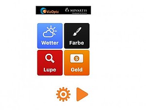 Am Startbildschirm der App befinden sich die Buttons für die Funktionen Wetter, Farberkennung, Lupe, Geldscheinerkennung und Einstellungen. 