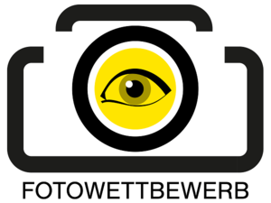 Logo Fotowettbewerb - schwarzes Auge auf gelbem Hintergrund wird von den Umrissen einer Kamera eingefangen. 