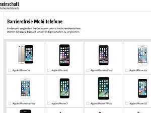 Ein Screenshot des Vergleichsportals für barrierefreie Mobiltelefone. Links kann nach Hersteller gefiltert werden. Rechts werden mehrere Mobiltelefone in Kästchen gezeigt.