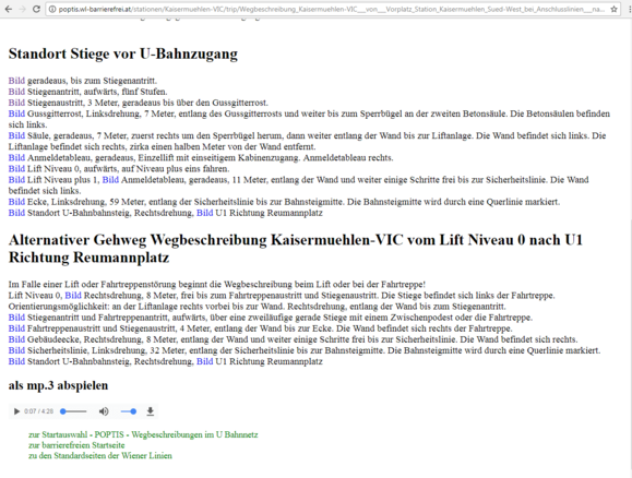 POPTIS Website - Wegbeschreibung Kaisermühlen VIC Richtung Reumannplatz, inkl. MP3-Datei zum Anhören. 