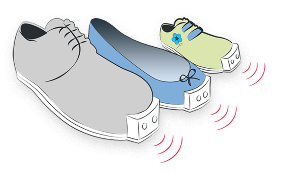 Verschiedene InnoMake Schuhmodelle, Copyright: Tec-Innovation 3 verschiedene Schuhe stehen nebeneinander. Vorne haben sie einen eckigen Aufsatz, der Signale abgibt.