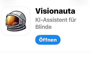 Werbung für die App „Visionauta – KI-Assistent für Blinde“ mit Astronauten-Icon und blauem „Öffnen“-Button.