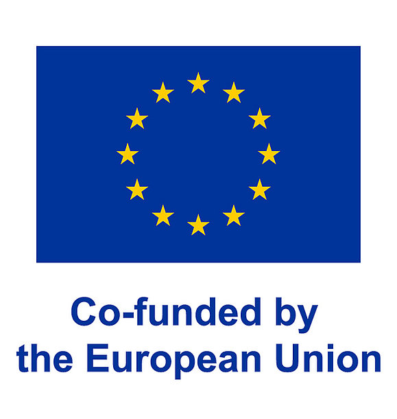 EU Flagge mit den gelben Sternen auf blauem Grund, darunter Text: "Co-funded by the European Union"