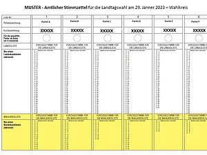 Muster Wahlschablone der Landtagswahlen Niederösterreich: Oben 6 Parteien zum Ankreuzen und jew. eine lange Spalte mit Namen und dazugehörigen Kästchen