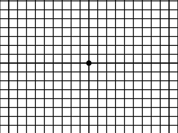 Mit diesem Gitter können Sie Ihre Augen auf AMD - Altersbedingte Makula-Degeneration testen. AMD-Testgitter: Verschiedene Linien und in der Mitte ein schwarzer Punkt.