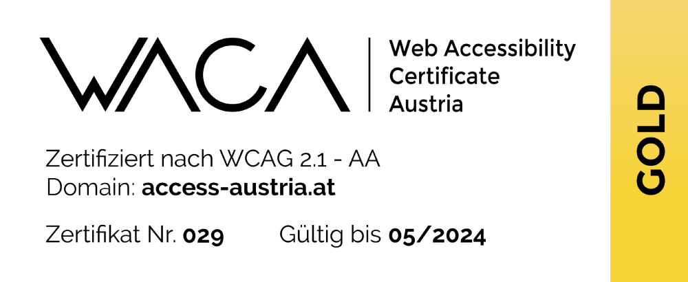 Ein Zertifikat aus einem großen weißen und einem kleinen goldenen Teil. Die wichtigsten Infos: Zertifiziert nach WCAG 2.1 - AA, Zertifikat 29, gültig bis 05/2024.